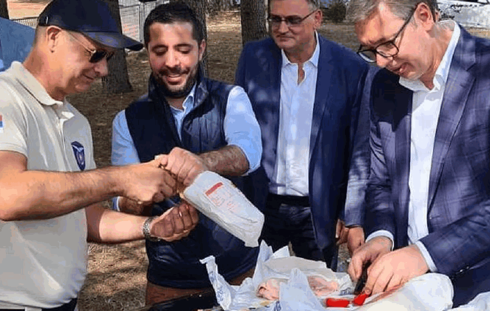 PREDSEDNIČKI DORUČAK NA HAUBI: Vučić, Mona i Drobnjak podelili POLA KILE HLEBA I MORTADELU! (FOTO)