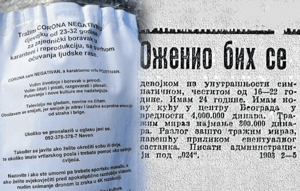 LJUBAV TRAŽILI I PO BANDERAMA: Dva oglasa sa RAZLIKOM OD 100 GODINA, skoro identična, a MUŠKARCI NE BIRAJU NAČIN da dođu do ŽENE! 